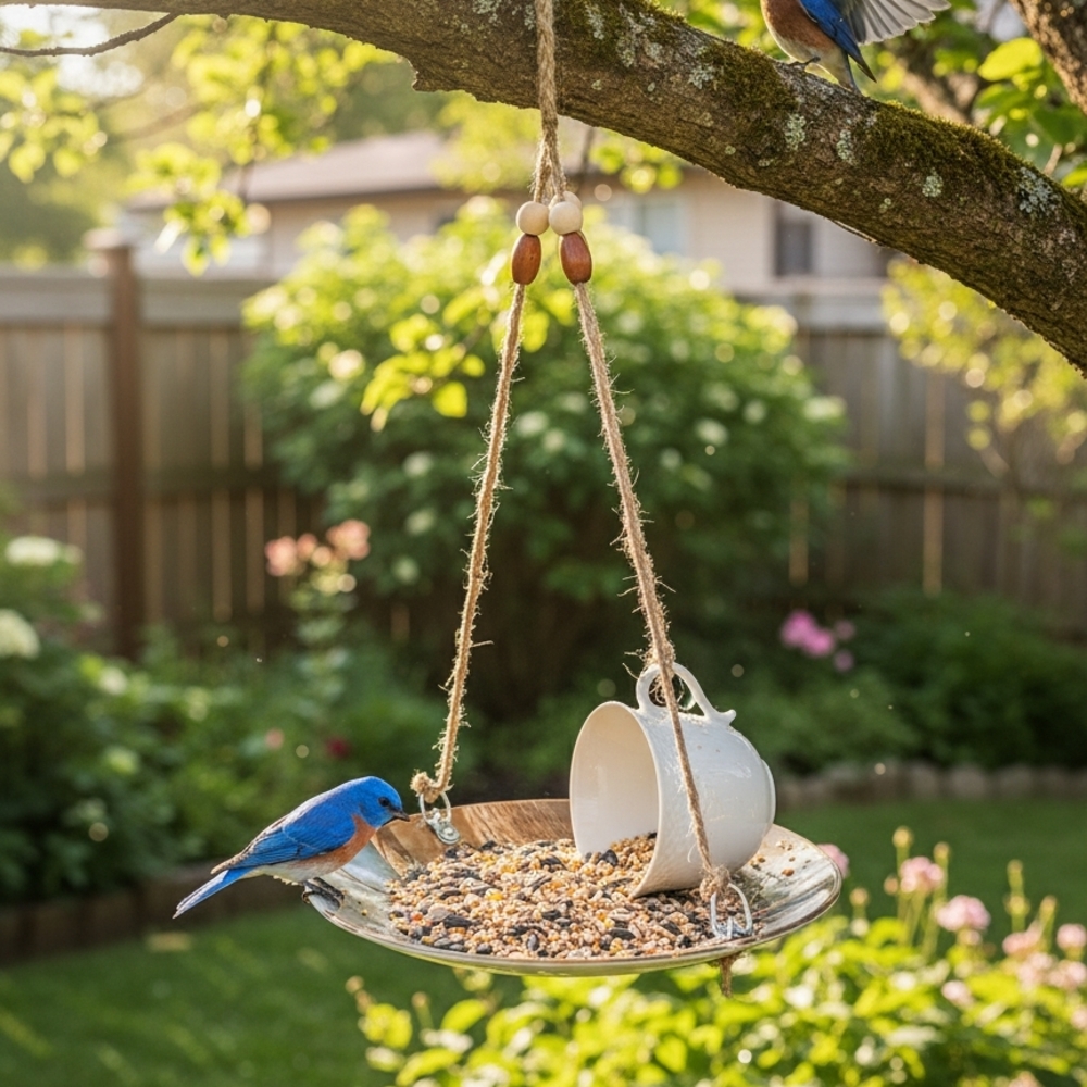 Charming White Ceramic Bird Feeder with Rope Hanger